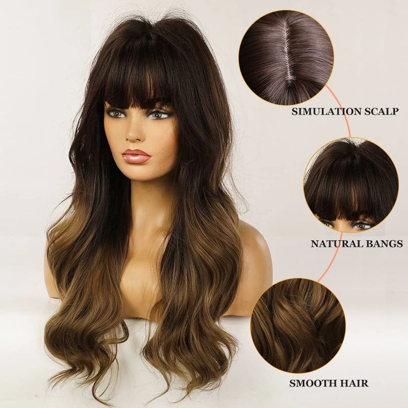 Esmee 24" Synthetic Wigs for Women Dark Roots Long Wig with Bangs Ombre Wavy Hair Realistic Simulation Scalp Middle Part - Image 3