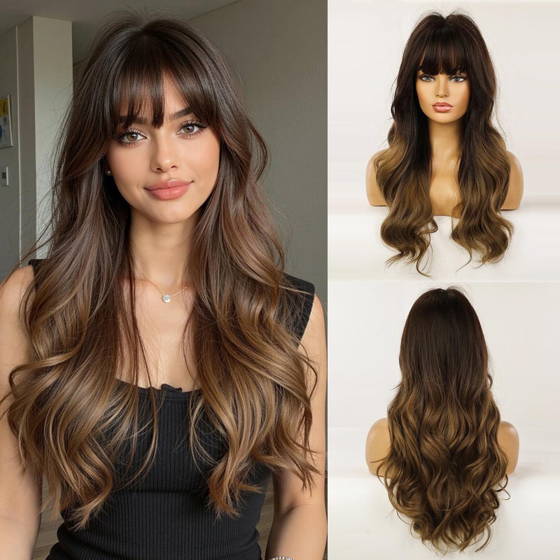 Esmee 24" Synthetic Wigs for Women Dark Roots Long Wig with Bangs Ombre Wavy Hair Realistic Simulation Scalp Middle Part - Image 1