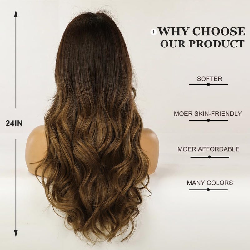 Esmee 24" Synthetic Wigs for Women Dark Roots Long Wig with Bangs Ombre Wavy Hair Realistic Simulation Scalp Middle Part - Image 4