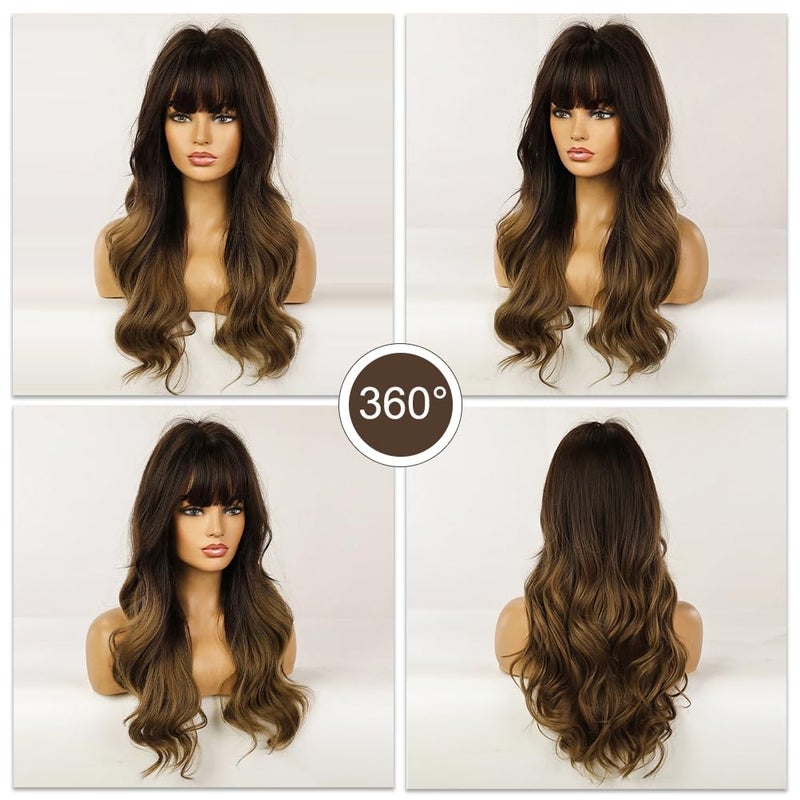 Esmee 24" Synthetic Wigs for Women Dark Roots Long Wig with Bangs Ombre Wavy Hair Realistic Simulation Scalp Middle Part - Image 5