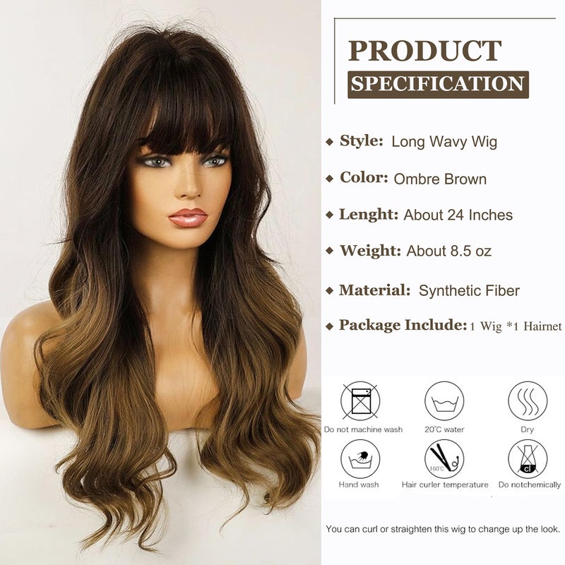Esmee 24" Synthetic Wigs for Women Dark Roots Long Wig with Bangs Ombre Wavy Hair Realistic Simulation Scalp Middle Part - Image 2