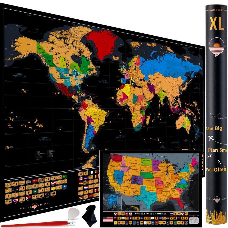 TRIPA TRIPS XL Scratch Off World Map with 233 Flags â€“ 36 x 24 Scratch Off Map of The World + USA Scratch Map â€“ Easy to Frame World Map + Tools â€“ Detailed Travel Wall Poster - Deluxe Gift for Travelers - Image 1