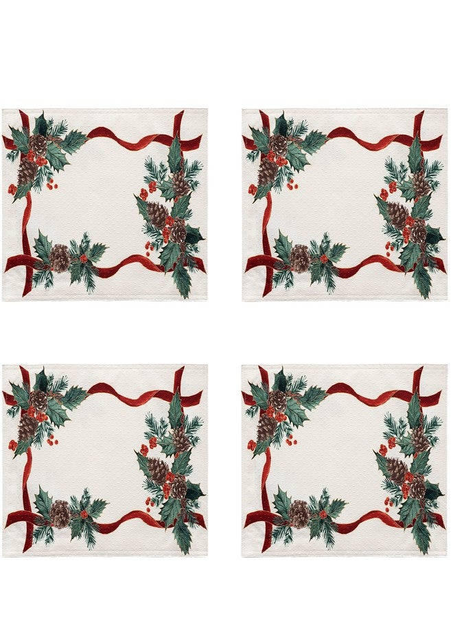 Lintex Evergreen Garland Double Ribbon Bordered Christmas Fabric Placemats, Set of 4, Holly and Pine Cone Print, Easy Care Country Cottage Holiday Table Mats for Seasonal Decor - Image 2