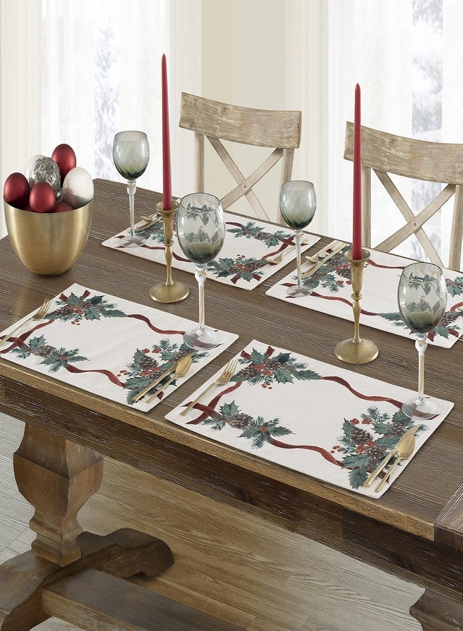 Lintex Evergreen Garland Double Ribbon Bordered Christmas Fabric Placemats, Set of 4, Holly and Pine Cone Print, Easy Care Country Cottage Holiday Table Mats for Seasonal Decor - Image 1