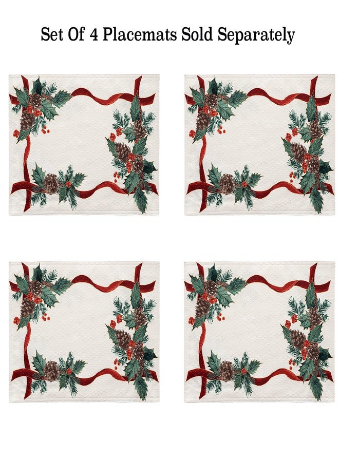 Lintex Evergreen Garland Double Ribbon Bordered Christmas Fabric Placemats, Set of 4, Holly and Pine Cone Print, Easy Care Country Cottage Holiday Table Mats for Seasonal Decor - Image 3