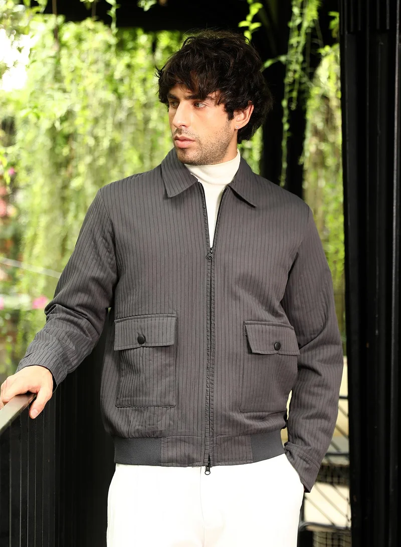 Campus Sutra Men Zip-Front Lined-Tactile Jacket | Point Collar, Long Button Cuff Sleeves | Zipper , Ribbed-Straight Hem | Solid Textured | Woven Fabric For Casual & Daily Wear | Moon Grey