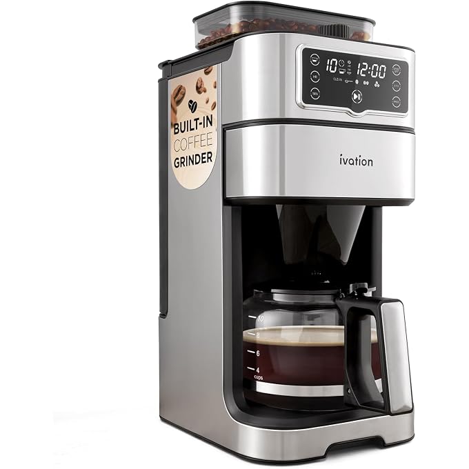 Renewed Ivation 2-in-1 Drip Coffee Maker & Grinder  Programmable Auto Brew & Timer - Warming Plate - 10 Cup - Reusable Filter Basket  1.5L Water Tank  1000W - Pause and Pour (Renewed) - Image 1