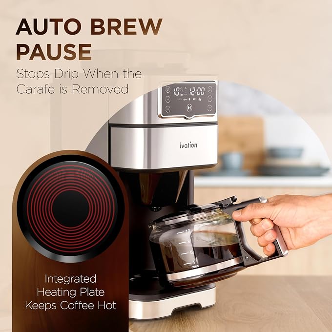 Renewed Ivation 2-in-1 Drip Coffee Maker & Grinder  Programmable Auto Brew & Timer - Warming Plate - 10 Cup - Reusable Filter Basket  1.5L Water Tank  1000W - Pause and Pour (Renewed) - Image 3