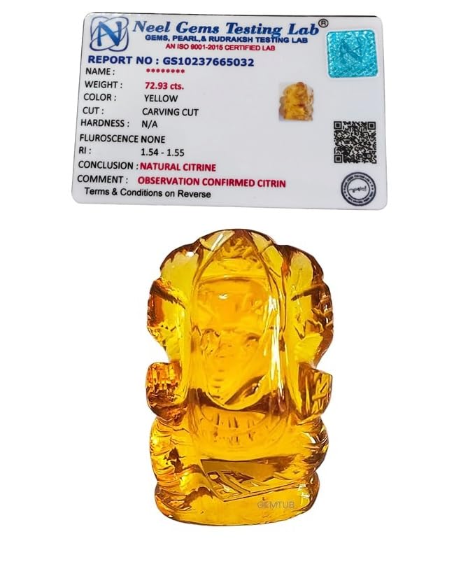 GEMTUB Handcrafted Certified Natural Citrine Gemstone Ganesha Idol for Home Office and Car Desk Lord Ganesha Figurine Natural Citrine Gemstone Weight 6580 Carat - Image 1