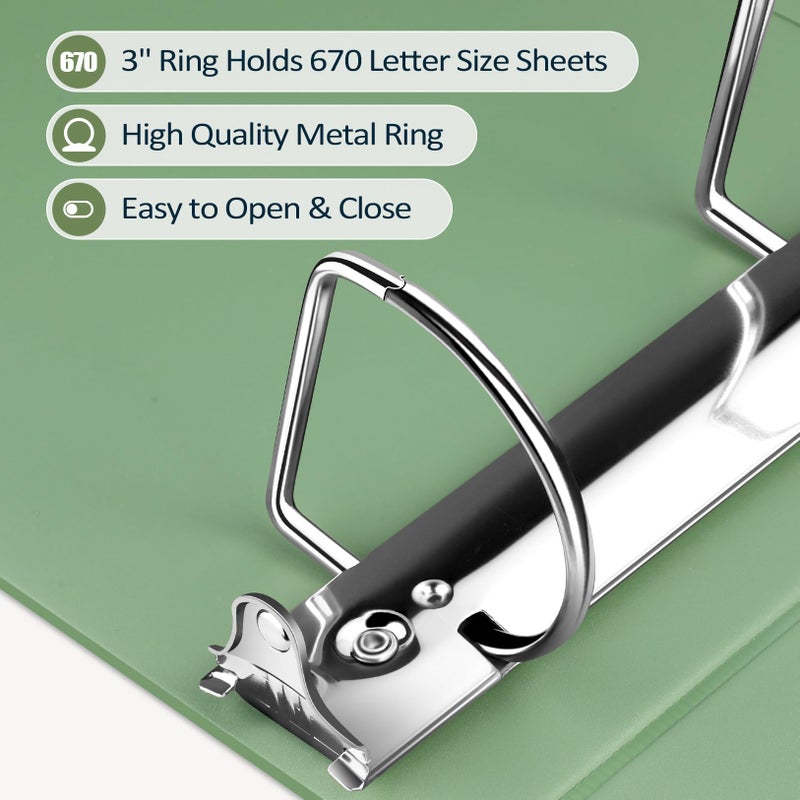 Sooez BinderX Extra Durable 3 Inch 3 Ring Binder, D-Ring Large Binder, Holds 670 Sheets of 8.5x11 Paper, Customizable View Cover with Inside Pockets, Heavy Duty 3 Ring Binder for School, Olive Green - Image 4