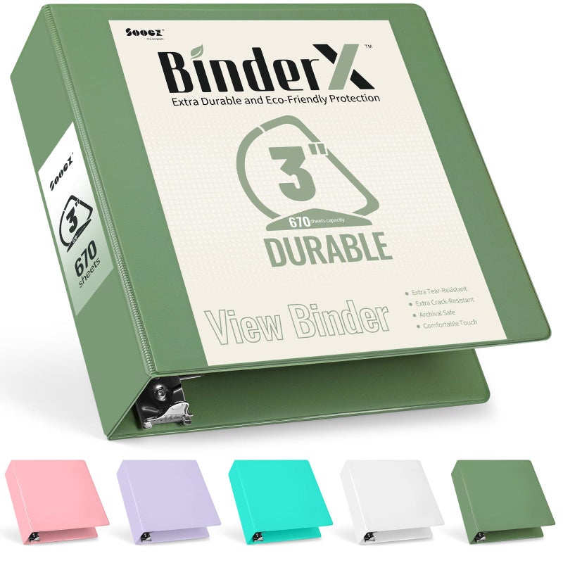 Sooez BinderX Extra Durable 3 Inch 3 Ring Binder, D-Ring Large Binder, Holds 670 Sheets of 8.5x11 Paper, Customizable View Cover with Inside Pockets, Heavy Duty 3 Ring Binder for School, Olive Green - Image 1