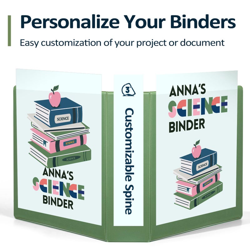 Sooez BinderX Extra Durable 3 Inch 3 Ring Binder, D-Ring Large Binder, Holds 670 Sheets of 8.5x11 Paper, Customizable View Cover with Inside Pockets, Heavy Duty 3 Ring Binder for School, Olive Green - Image 5
