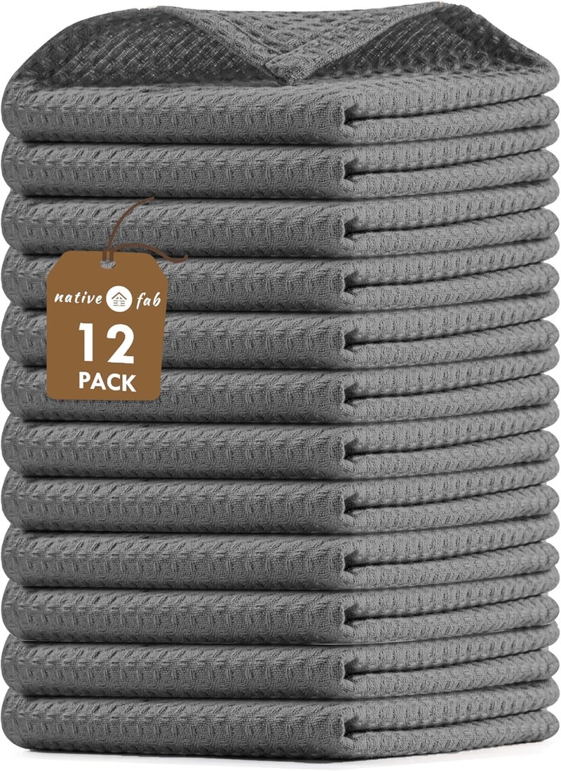 Native Fab 12 Pack Dish Cloths  100 Cotton Absorbent Quick Drying Reusable  Washable Towels for Cleaning Cooking  Baking  Ideal for Home Restaurants Hotels Cafes  12 x 12 inches  Grey - Image 1