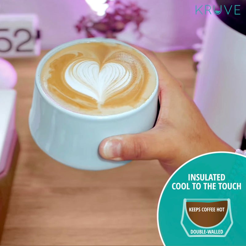 KRUVE IMAGINE Porcelain Latte Coffee Cups, Double Walled Espresso Cups, Glass Cups Set of Two - 8.5oz Thermal Spherical Design for Latte Art, Insulated Coffee Mugs for Heat Retention (Blue) - Image 3