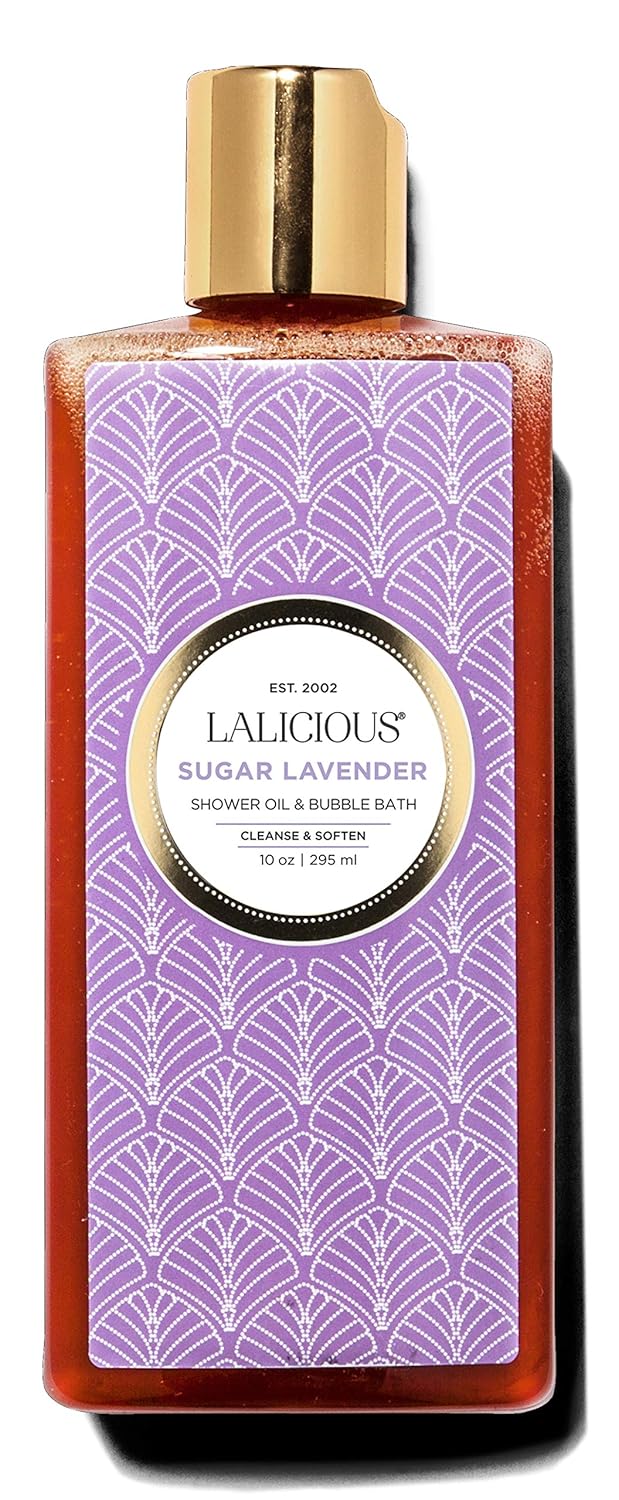 LaLicious Sugar Lavender Shower Oil & Bubble Bath - Natural Shower Cleanser with Topical Probiotics & Grapeseed Oil - Bath Soap Product for Shower, Bath & Shaving, No Parabens (10oz)