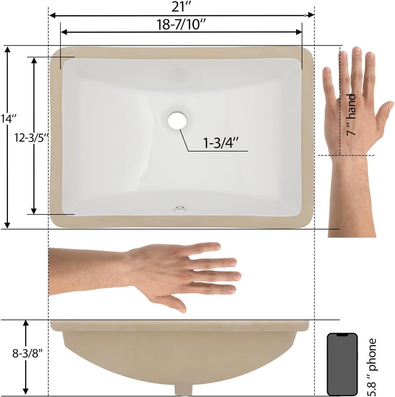 Mocoloo Undermount Bathroom Sink 21x14 Inch White Bathroom Ceramic Sink Undermount Rectangular Vanity Sinks White Porcelain Lavatory Hand Basin Under Counter with Overflow Drain - Image 5