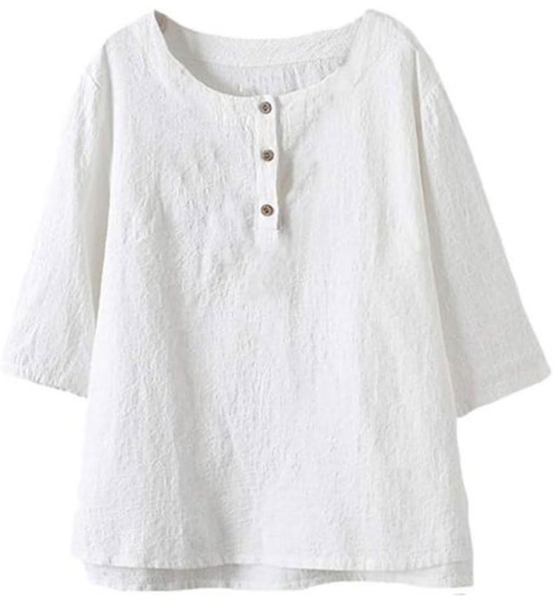 Minibee Women's 3/4 Sleeve Cotton Linen Jacquard Blouses Top T-Shirt (M, White) - Image 2
