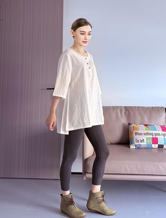 Minibee Women's 3/4 Sleeve Cotton Linen Jacquard Blouses Top T-Shirt (M, White) - Image 5