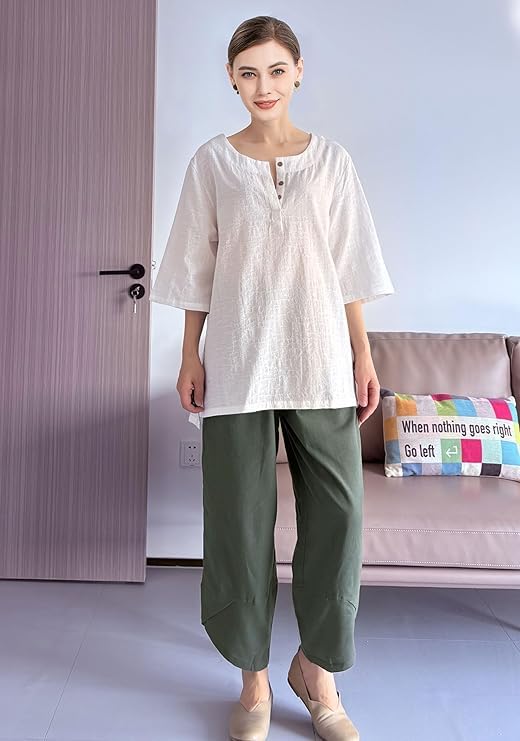 Minibee Women's 3/4 Sleeve Cotton Linen Jacquard Blouses Top T-Shirt (M, White) - Image 3