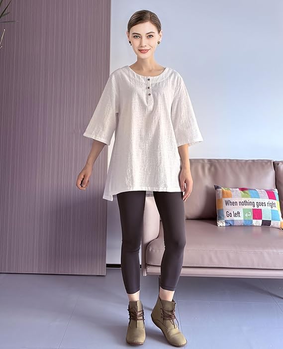 Minibee Women's 3/4 Sleeve Cotton Linen Jacquard Blouses Top T-Shirt (M, White) - Image 4