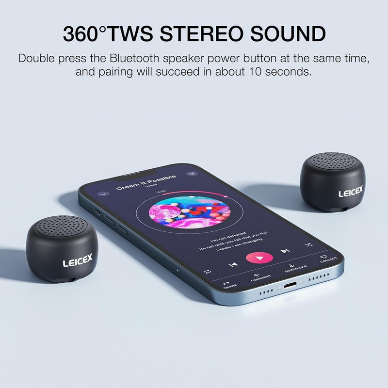 LEICEX Mini Portable Bluetooth Speaker, Small Wireless Speaker with Pocket Design, Waterproof, Mini Speaker Shower, Travel, Bedroom, Bike (Black), BTS0011 - Image 2