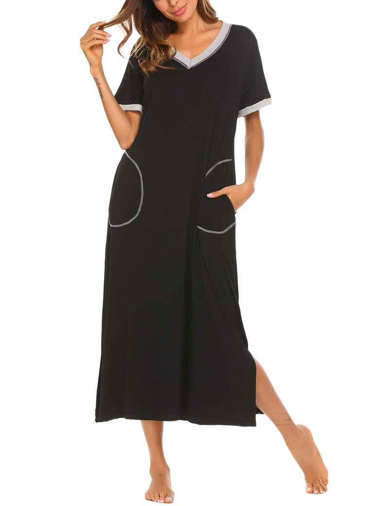 Ekouaer Womens, Nightgown Nightshirt Loungewear, Long, Ultra-Soft Full Length Sleepwear with Pocket, A-black, X-Large - Image 1