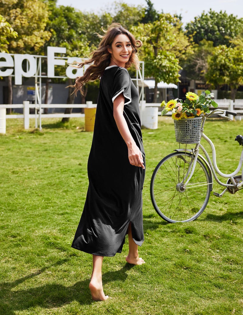 Ekouaer Womens, Nightgown Nightshirt Loungewear, Long, Ultra-Soft Full Length Sleepwear with Pocket, A-black, X-Large - Image 4