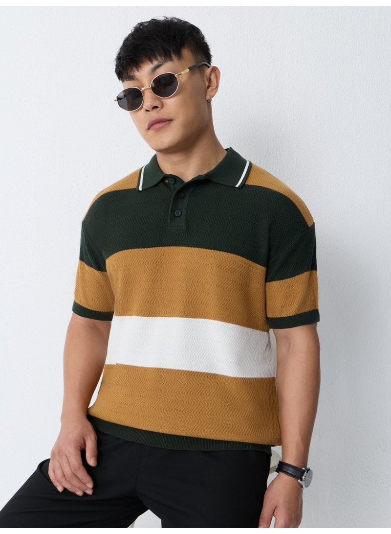 The Souled Store: Jacquard Polo Oak Tree Men and Boys Short Sleeve Spread Collar Dark Green Mustard Yellow White Colour-Block Cotton Relaxed Fit Polo Shirts - Image 1
