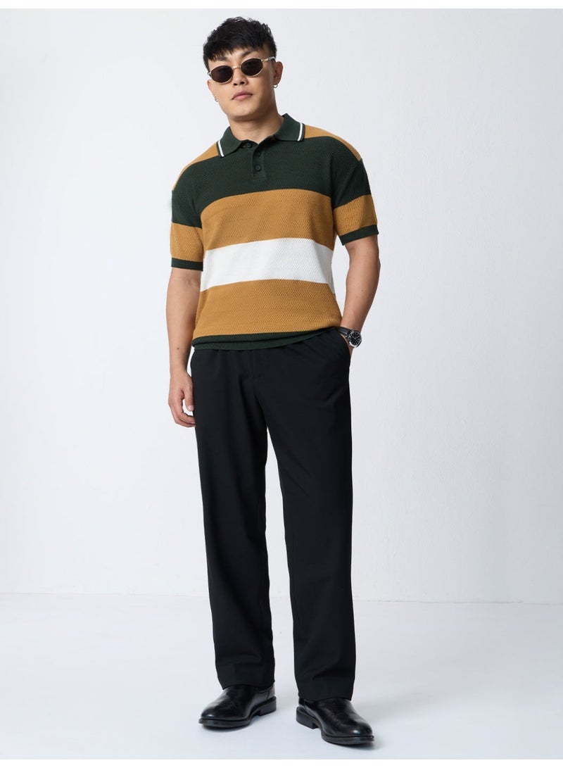 The Souled Store: Jacquard Polo Oak Tree Men and Boys Short Sleeve Spread Collar Dark Green Mustard Yellow White Colour-Block Cotton Relaxed Fit Polo Shirts - Image 2