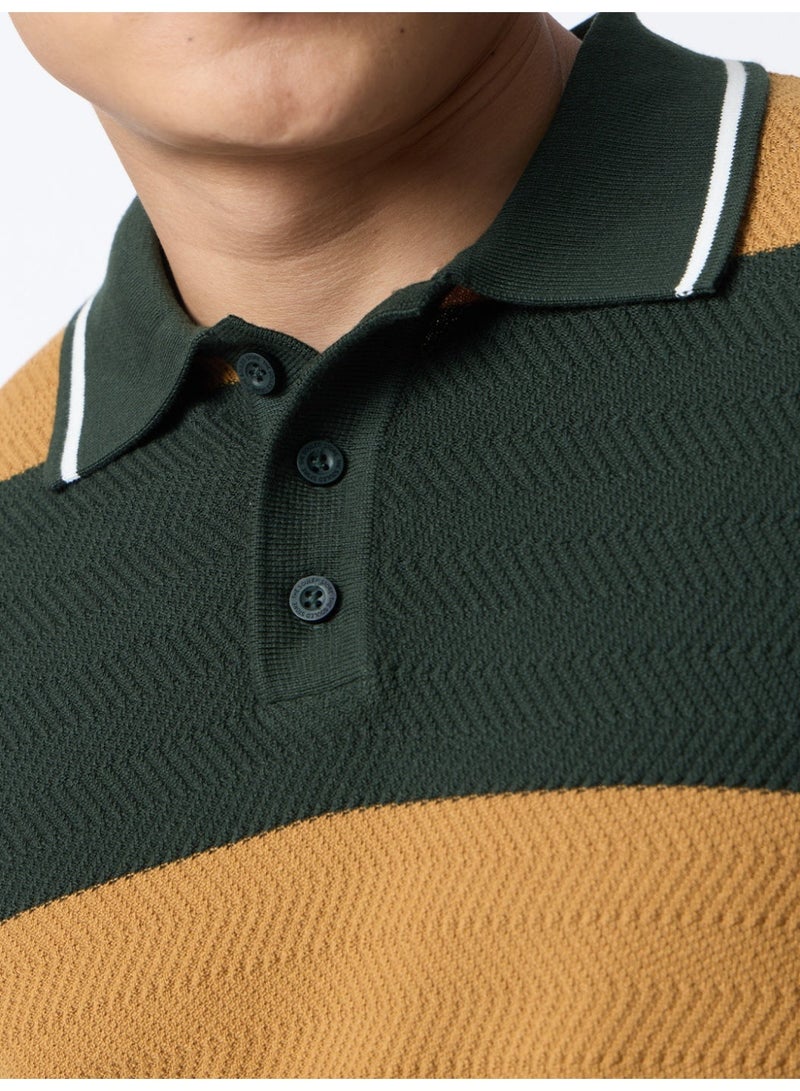 The Souled Store: Jacquard Polo Oak Tree Men and Boys Short Sleeve Spread Collar Dark Green Mustard Yellow White Colour-Block Cotton Relaxed Fit Polo Shirts - Image 4