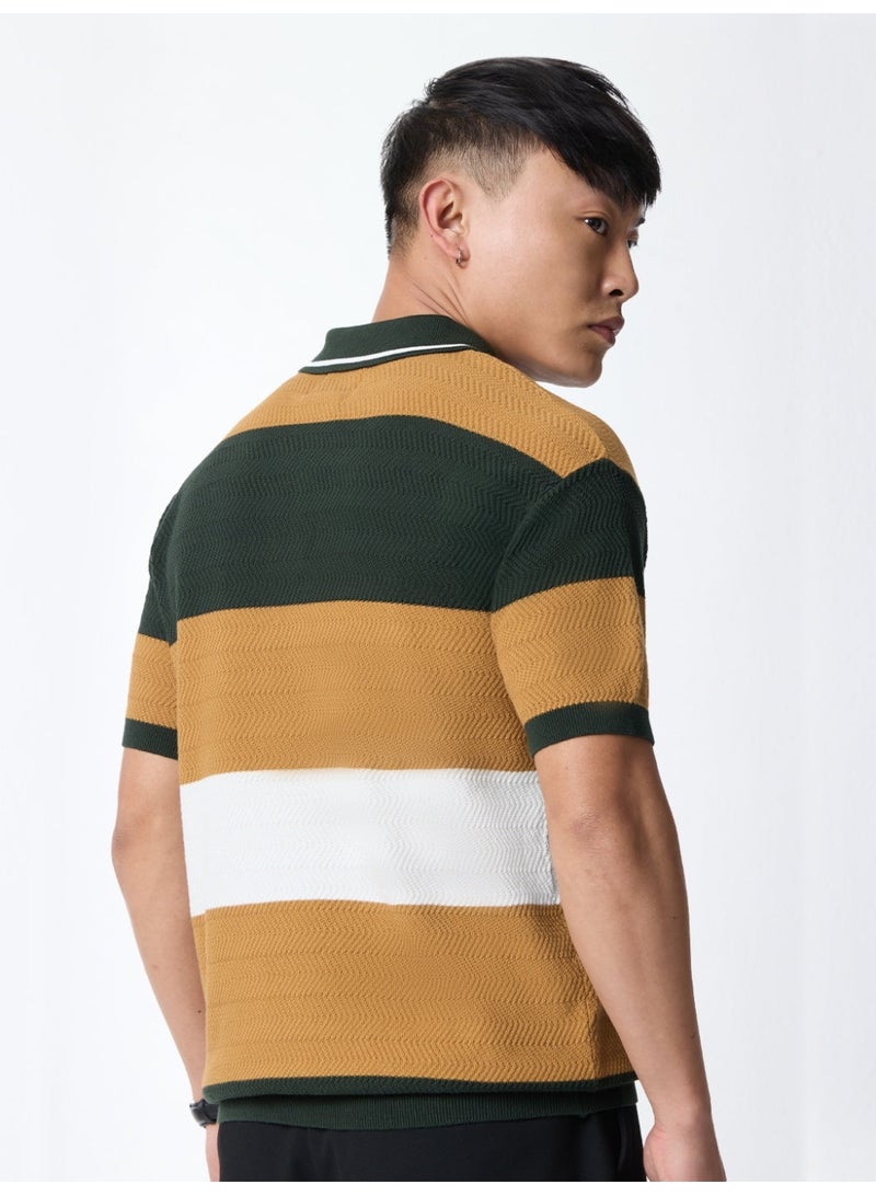 The Souled Store: Jacquard Polo Oak Tree Men and Boys Short Sleeve Spread Collar Dark Green Mustard Yellow White Colour-Block Cotton Relaxed Fit Polo Shirts - Image 5