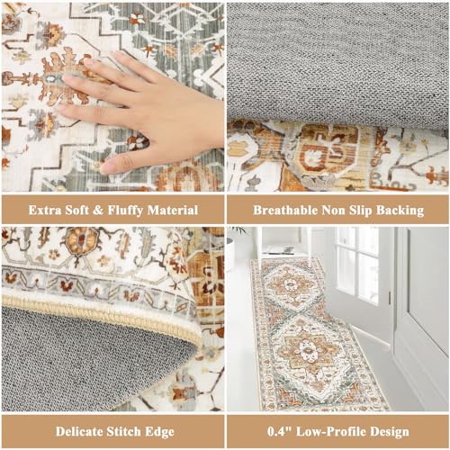 Pauwer Hallway Runner Rug 2x8, Long Washable Kitchen Rugs Runner, Farmhouse Vintage Medallion Area Rug Carpet, Soft Throw Rugs for Bedroom, Non Slip Floor Runner for Entryway Laundry - Image 3