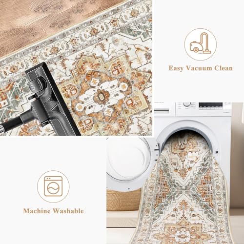 Pauwer Hallway Runner Rug 2x8, Long Washable Kitchen Rugs Runner, Farmhouse Vintage Medallion Area Rug Carpet, Soft Throw Rugs for Bedroom, Non Slip Floor Runner for Entryway Laundry - Image 4