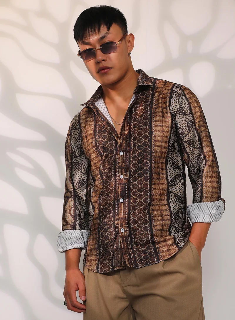 Campus Sutra Men's Chocolate Brown Folk Print Shirt