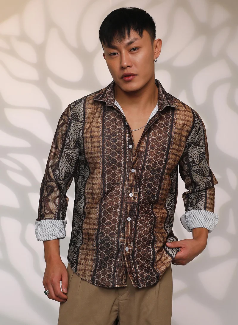 Campus Sutra Men's Chocolate Brown Folk Print Shirt