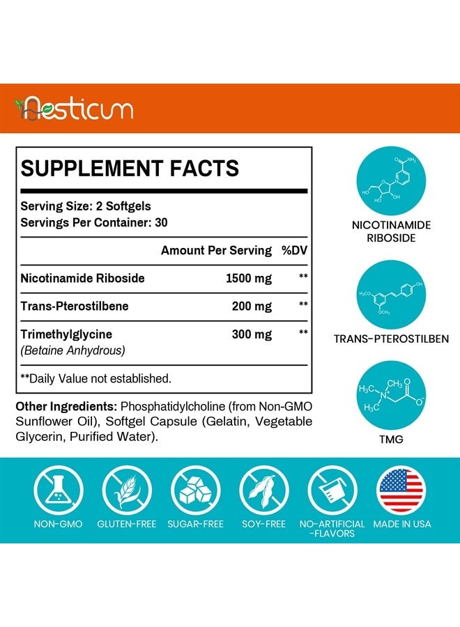 Aesticum 2000 MG Liposomal Nicotinamide Riboside Supplement, High Absorption, NAD+ Boosting Supplement with TMG and Pterostilbene, Superior to Niacinamide for Cellular Energy, and Age Resist, 60 Softgels - Image 2