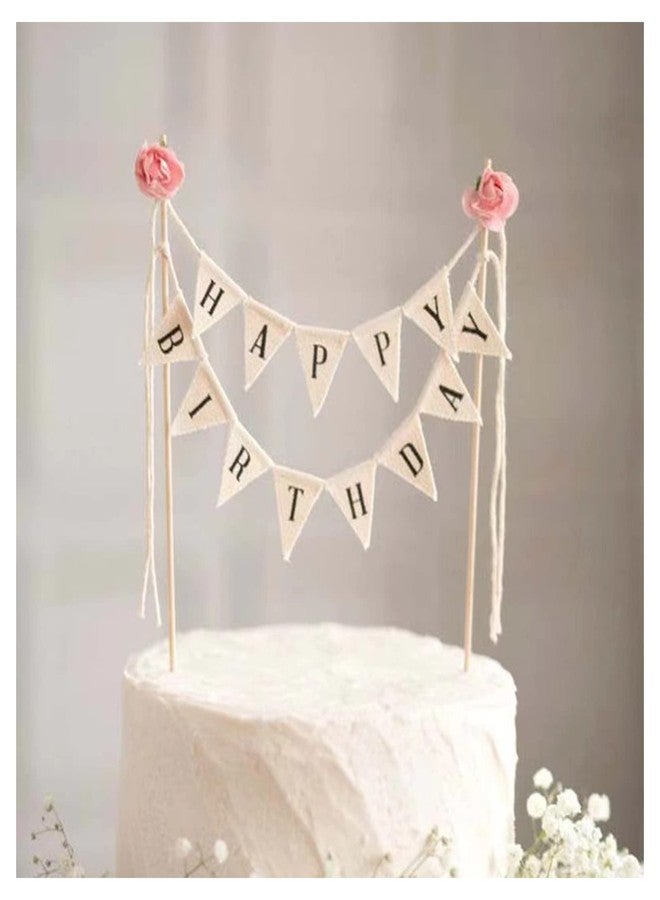 BEAIMUXI Happy Birthday Cake Bunting Topper Cake Topper Garland, Handmade Pennant Flags with Wood Pole Ivory (With Pink Rose) - Image 1
