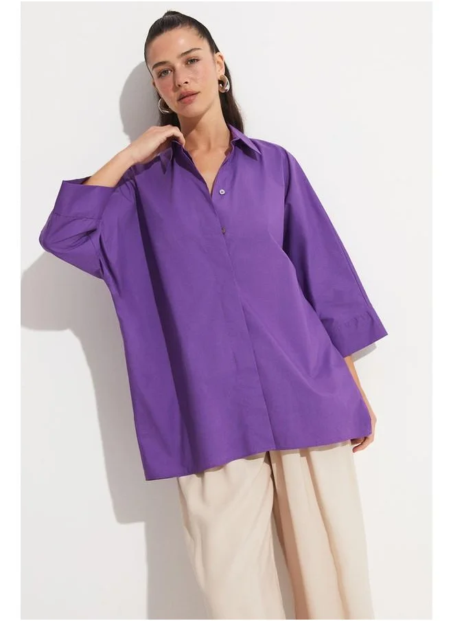 جون June Exclusive Loose Fit Cotton Shirt Purple