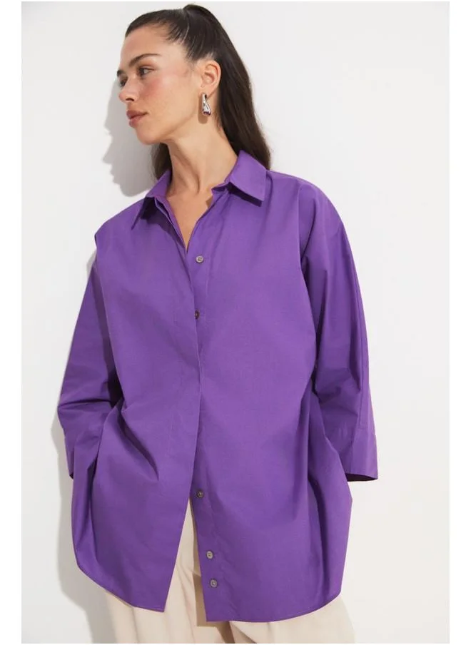 جون June Exclusive Loose Fit Cotton Shirt Purple