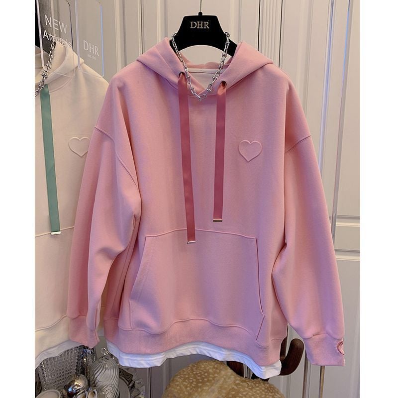 High Quality Autumn New Embroidered Hooded Fake Two-Piece Sweater Top Design Niche Loose Stitching T-Shirt Trendy Grey - Image 4