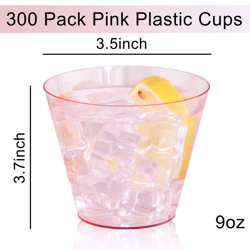 Ciaell 300PCS Clear Pink Plastic Cups - 9 Oz Heavy Duty Plastic Cups - Clear Party Cups Disposable Wine Plastic Cups for Parties & Weddings & Valentine's Day - Image 2