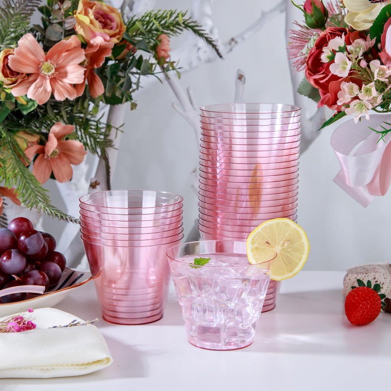 Ciaell 300PCS Clear Pink Plastic Cups - 9 Oz Heavy Duty Plastic Cups - Clear Party Cups Disposable Wine Plastic Cups for Parties & Weddings & Valentine's Day - Image 3