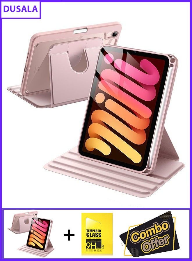 DUSALA 2 in 1 Rotating Case for iPad mini (A17 Pro, 2024 Model, 7th Generation) / mini 6 (2021 Model, 6th Generation) with Pencil Holder,360 Degree Rotation Protective Stand Slim Cover Clear Back, Auto Wake/Sleep With Tempered Glass - Image 1