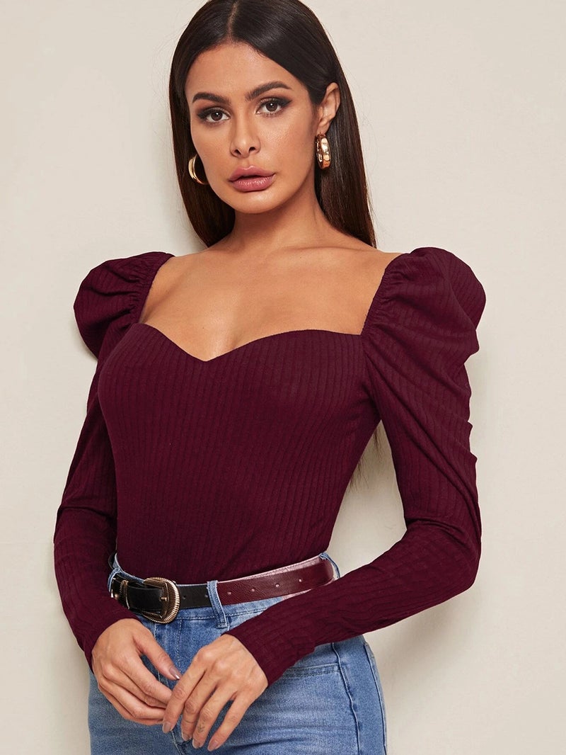 Special Offer Bubble Sleeve Womens Slim Fit T-Shirt Purple Red - Image 1
