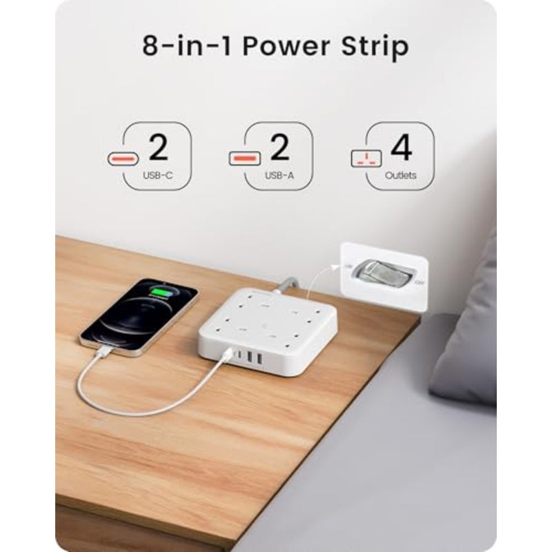 Extension Lead with 4 Way Outlets, 3250W 13A Power Strip, 1.8M Braided Extension Cord, 2 USB-C and 2 USB Slots, Multi Power Plug Extension for Home and Office, White - Image 2