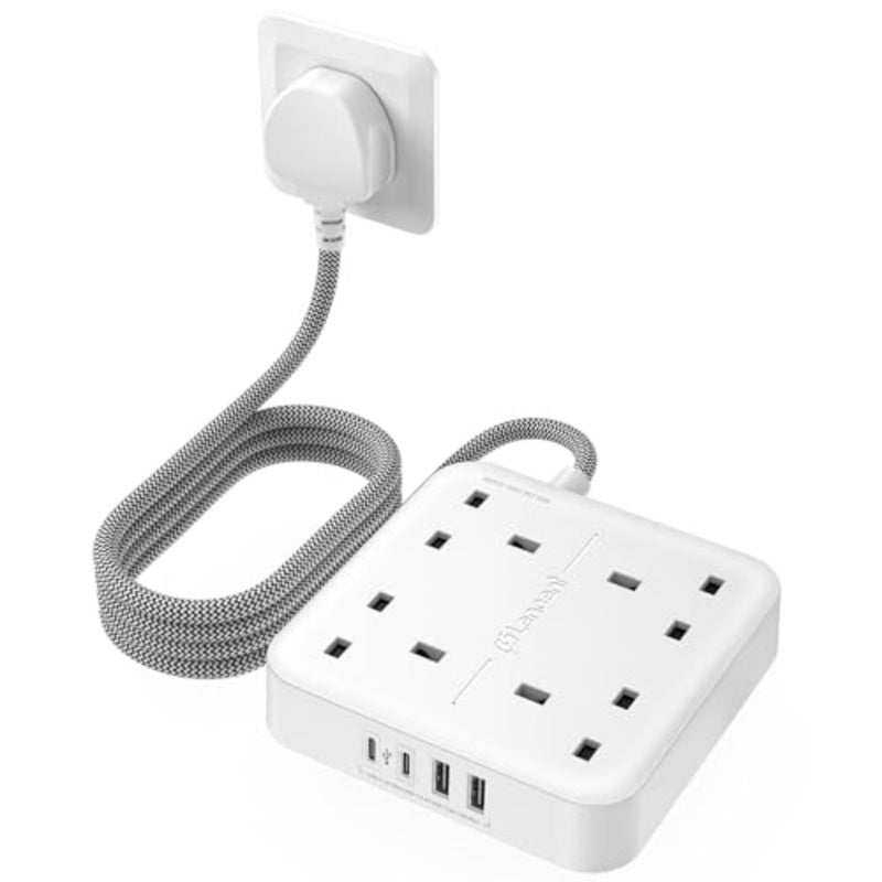 Extension Lead with 4 Way Outlets, 3250W 13A Power Strip, 1.8M Braided Extension Cord, 2 USB-C and 2 USB Slots, Multi Power Plug Extension for Home and Office, White - Image 1