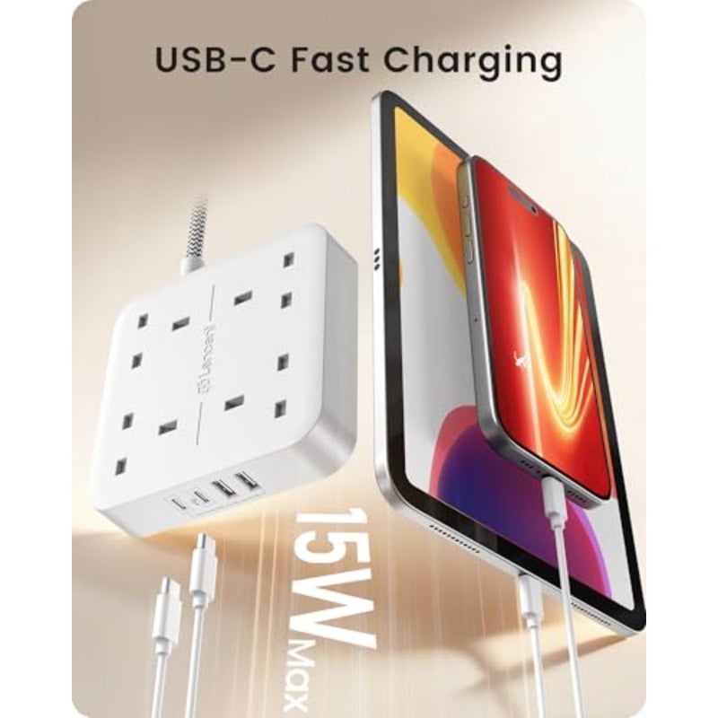 Extension Lead with 4 Way Outlets, 3250W 13A Power Strip, 1.8M Braided Extension Cord, 2 USB-C and 2 USB Slots, Multi Power Plug Extension for Home and Office, White - Image 3