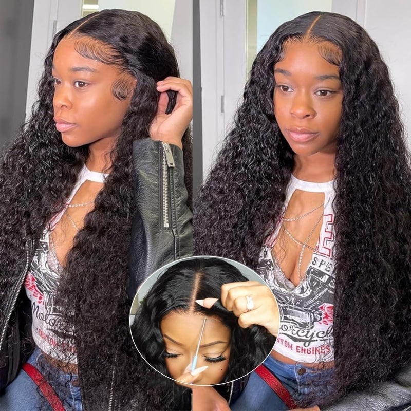 snv 5x5 SKINLIKE HD Lace Closure Wigs Human Hair 220 Density Upgraded Tiny Knots Real Pre Bleached Glueless Wigs Human Hair Ready to Wear Deep Wave Closure Wig 24inch Curly Wigs for Black Women