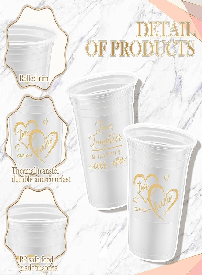 Layhit 100 Pcs Wedding Disposable Thick Plastic Cups 16 oz White Gold Two Hearts One Love Cups Decorations for Wedding Reception Bridal Shower Engagement Party Bachelorette Supplies in 2 Designs - Image 2