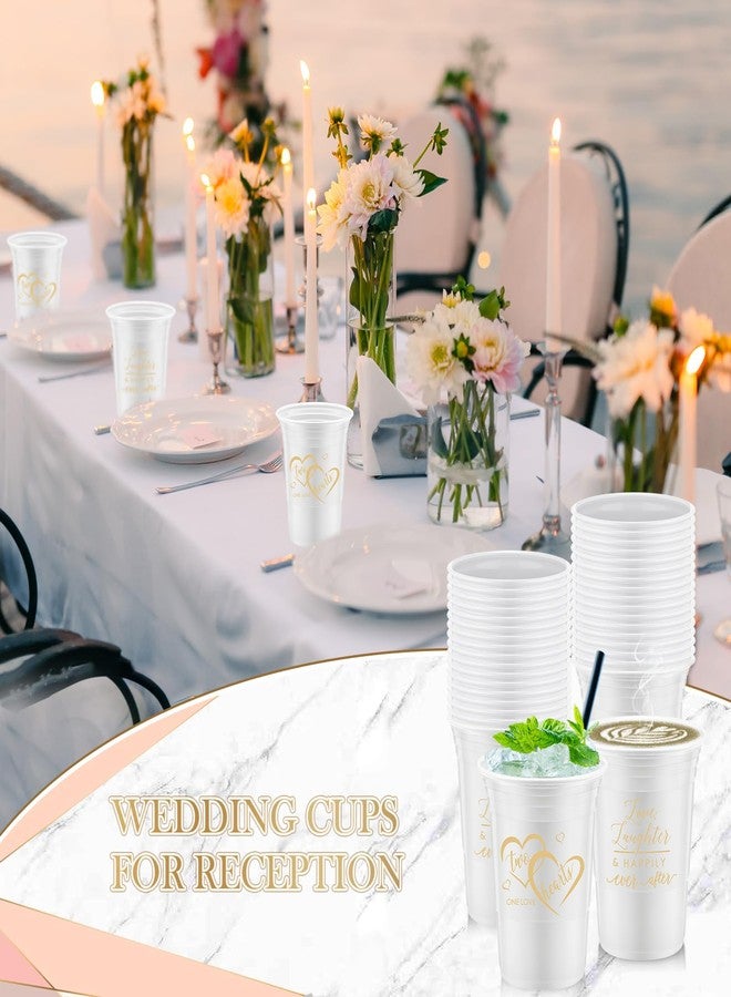 Layhit 100 Pcs Wedding Disposable Thick Plastic Cups 16 oz White Gold Two Hearts One Love Cups Decorations for Wedding Reception Bridal Shower Engagement Party Bachelorette Supplies in 2 Designs - Image 4